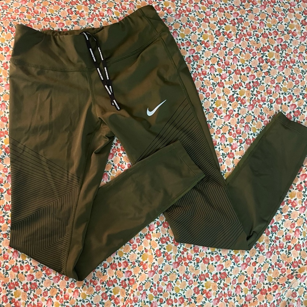 Nike Dri-Fit running leggings. Size small, olive green.
